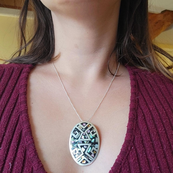 Vintage Mexican Alpaca Handmade Abalone Mother of Pearl Necklace & Brooch Pin - Picture 4 of 8